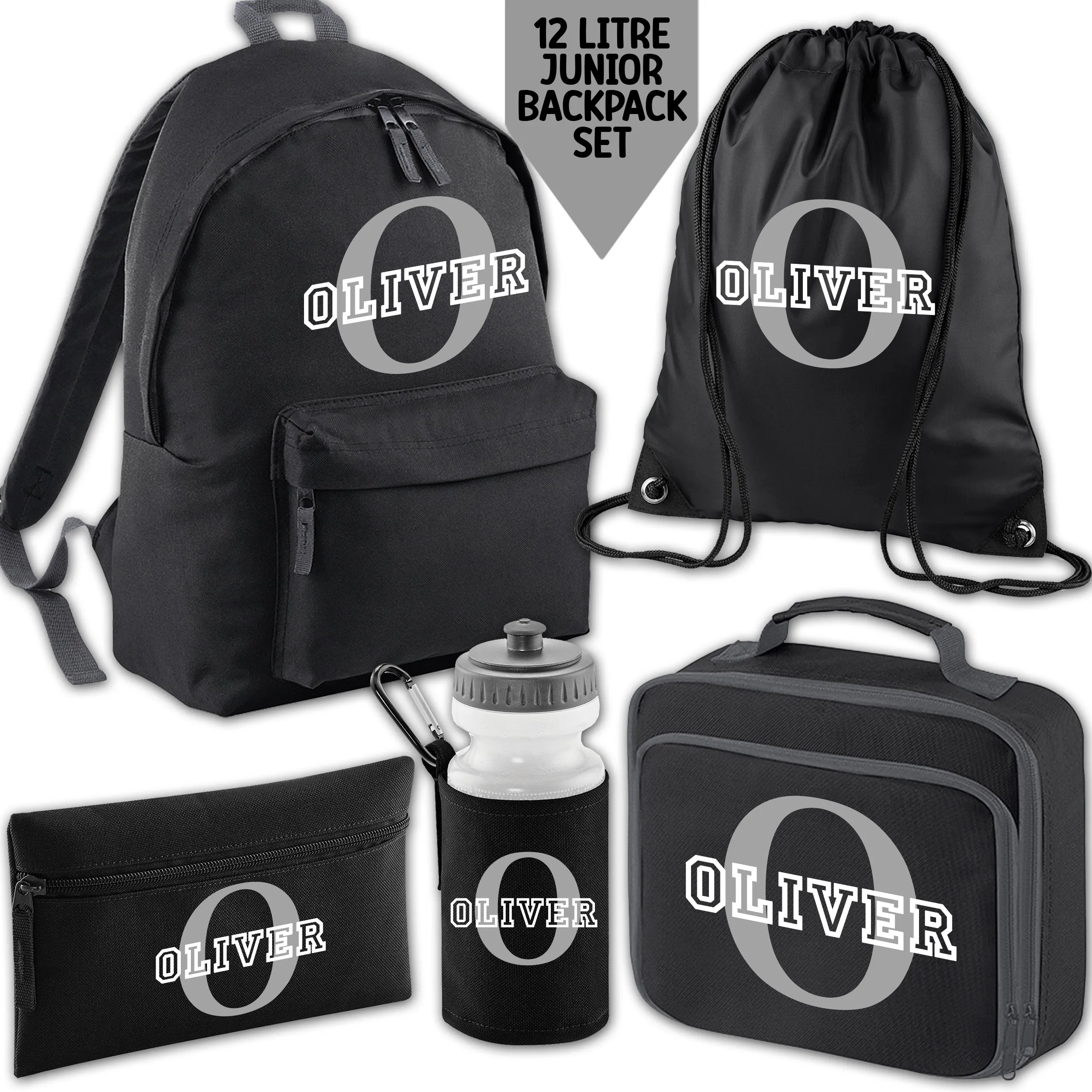 Personalised Backpack Kids 18 12 or 9 Litre Initial and Name Lunch Bag Water Bottle Pencil Case School PE Bag Back To School Black