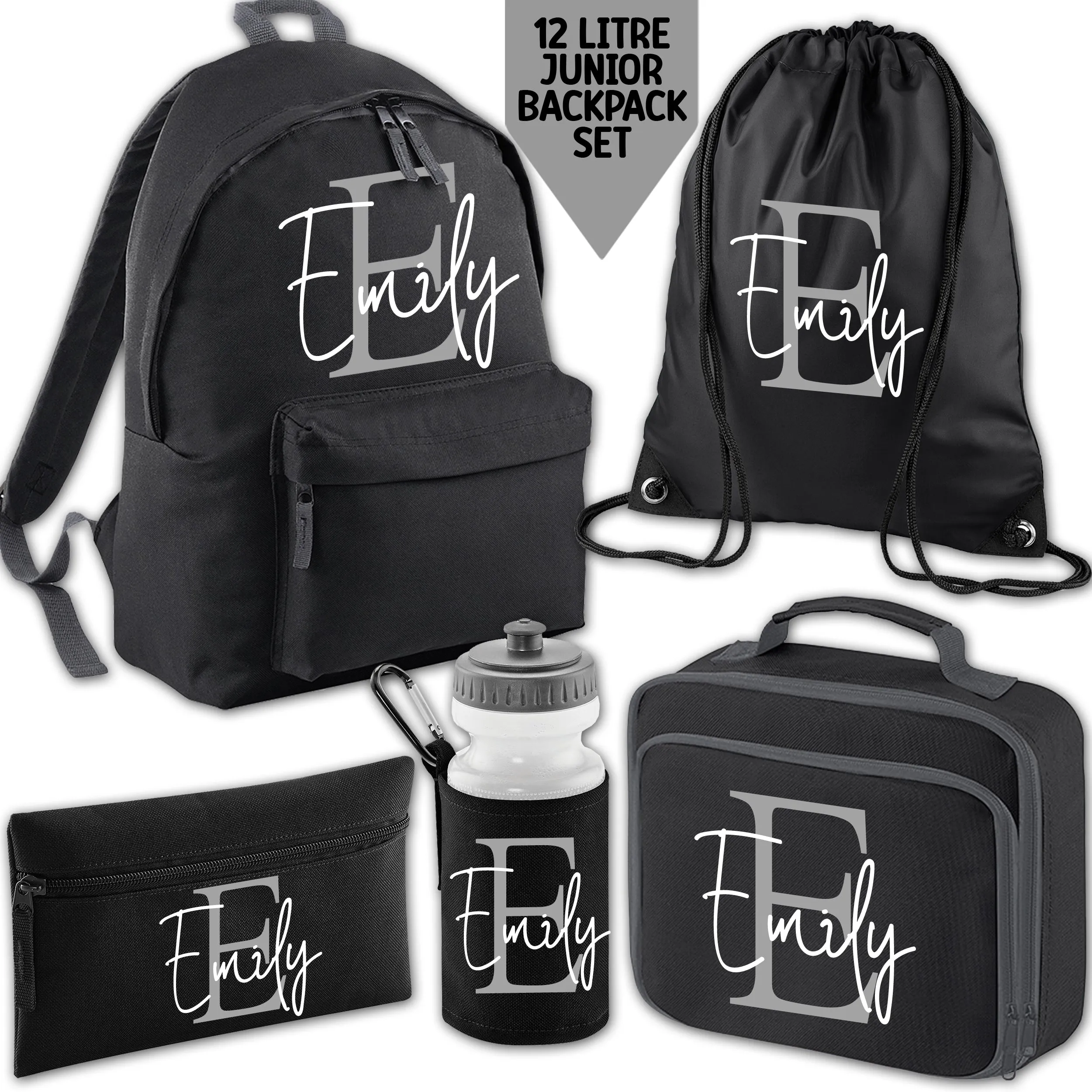 Personalised Backpack Kids 18 12 or 9 Litre Initial and Name Lunch Bag Water Bottle Pencil Case School PE Bag Back To School Black