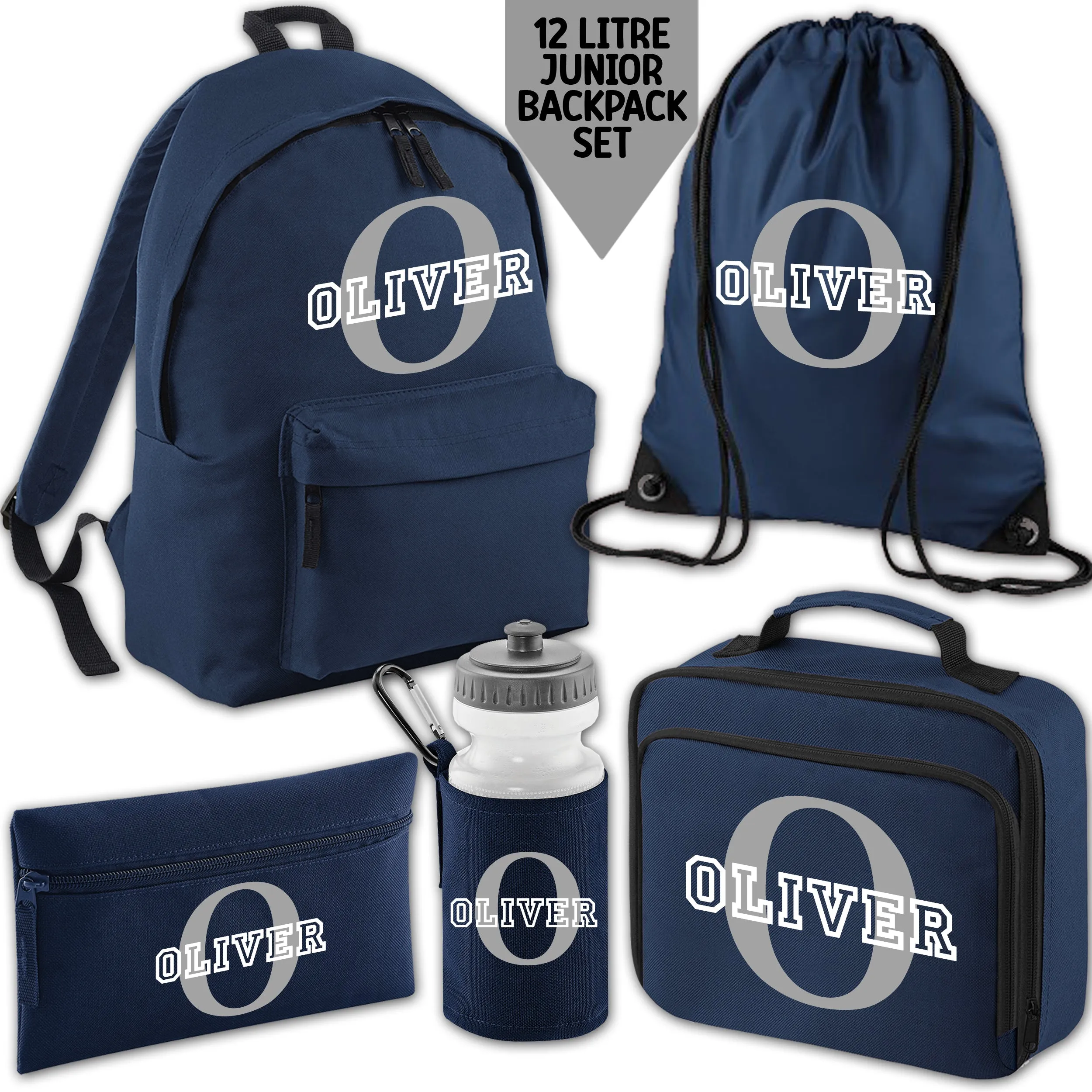 Personalised Backpack Kids 18 12 or 9 Litre Initial and Name Lunch Bag Water Bottle Pencil Case School PE Bag Back To School Navy