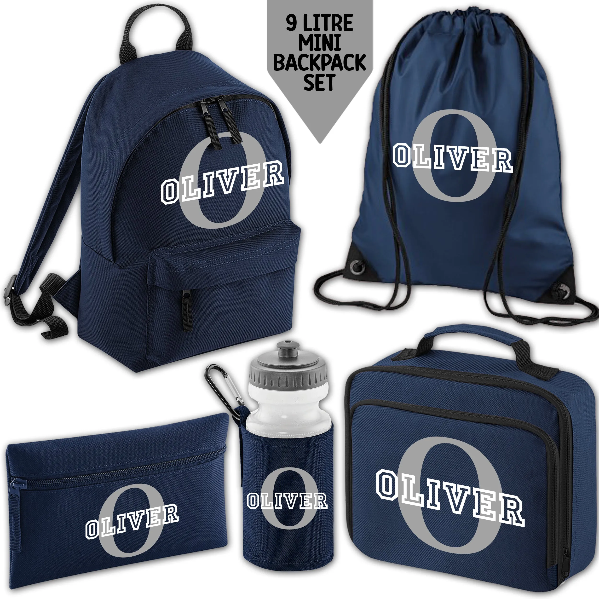 Personalised Backpack Kids 18 12 or 9 Litre Initial and Name Lunch Bag Water Bottle Pencil Case School PE Bag Back To School Navy