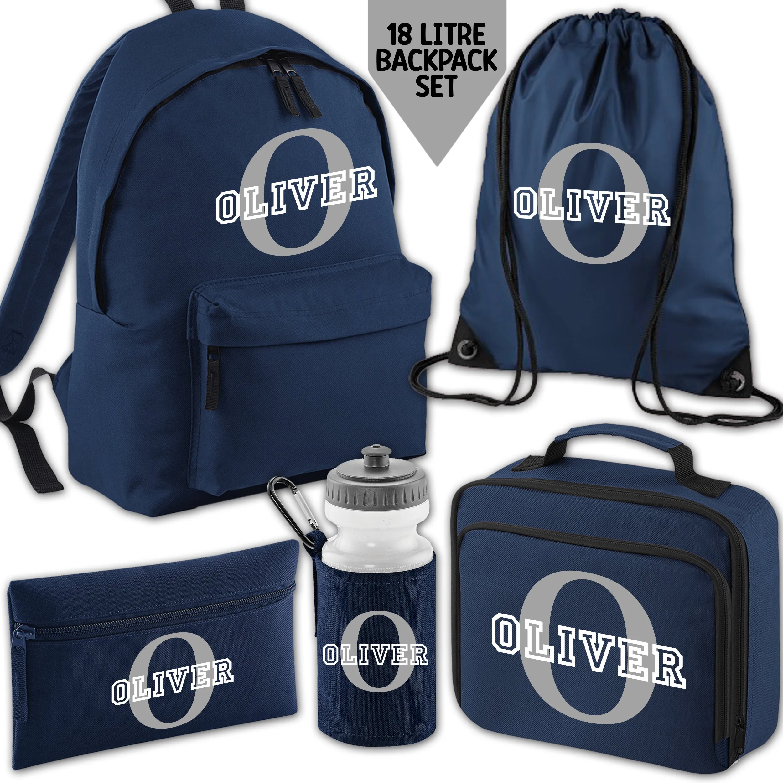 Personalised Backpack Kids 18 12 or 9 Litre Initial and Name Lunch Bag Water Bottle Pencil Case School PE Bag Back To School Navy