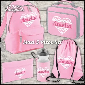 Personalised Heart Backpack Kids 18 12 or 9 Litre Boys Girls Name Lunch Bag Water Bottle Pencil Case School PE Bag Back To School Pink