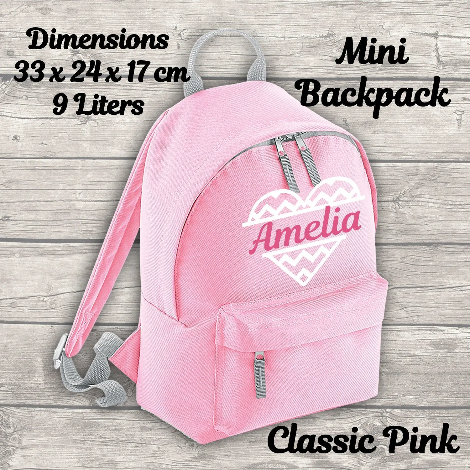 Personalised Heart Backpack Kids 18 12 or 9 Litre Boys Girls Name Lunch Bag Water Bottle Pencil Case School PE Bag Back To School Pink