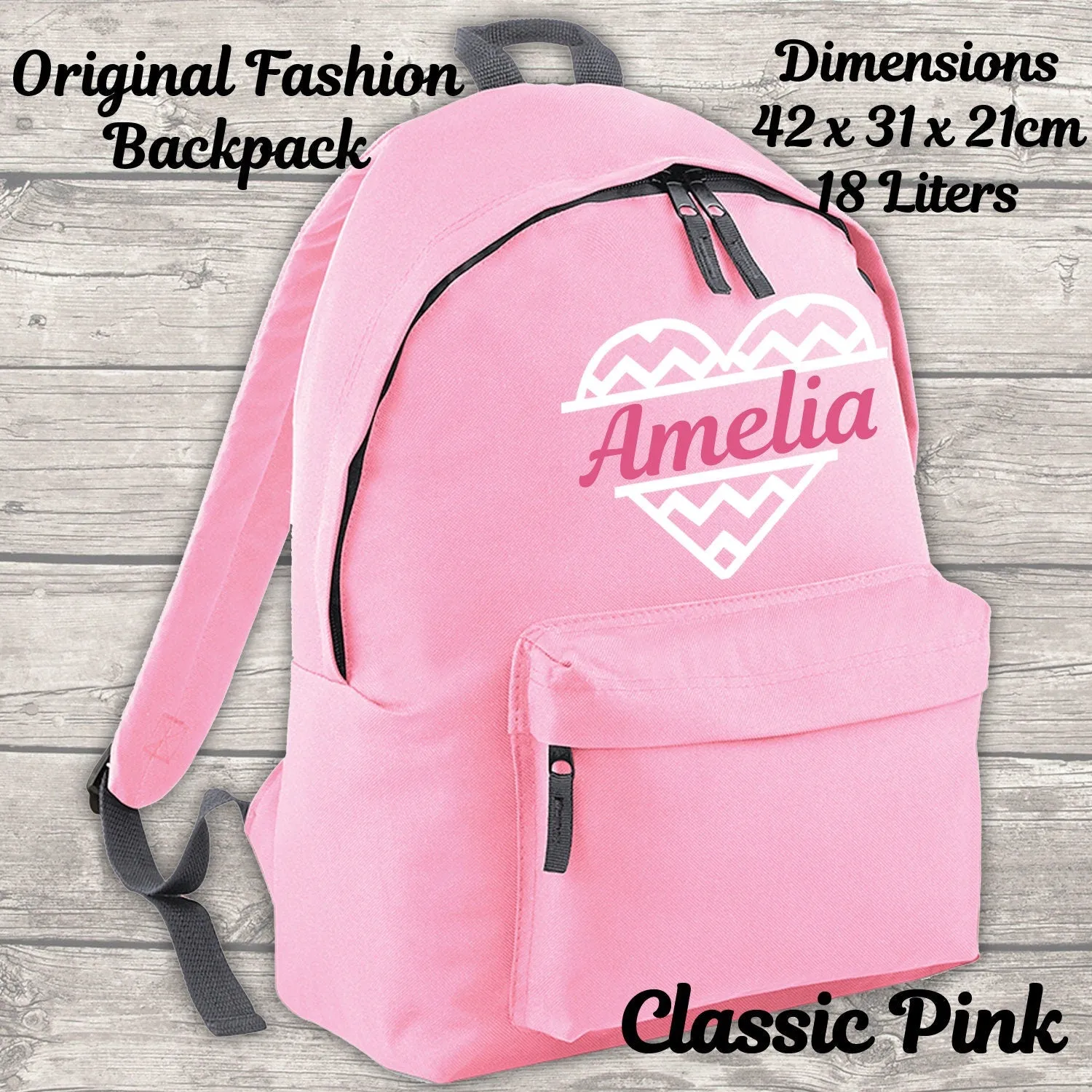 Personalised Heart Backpack Kids 18 12 or 9 Litre Boys Girls Name Lunch Bag Water Bottle Pencil Case School PE Bag Back To School Pink