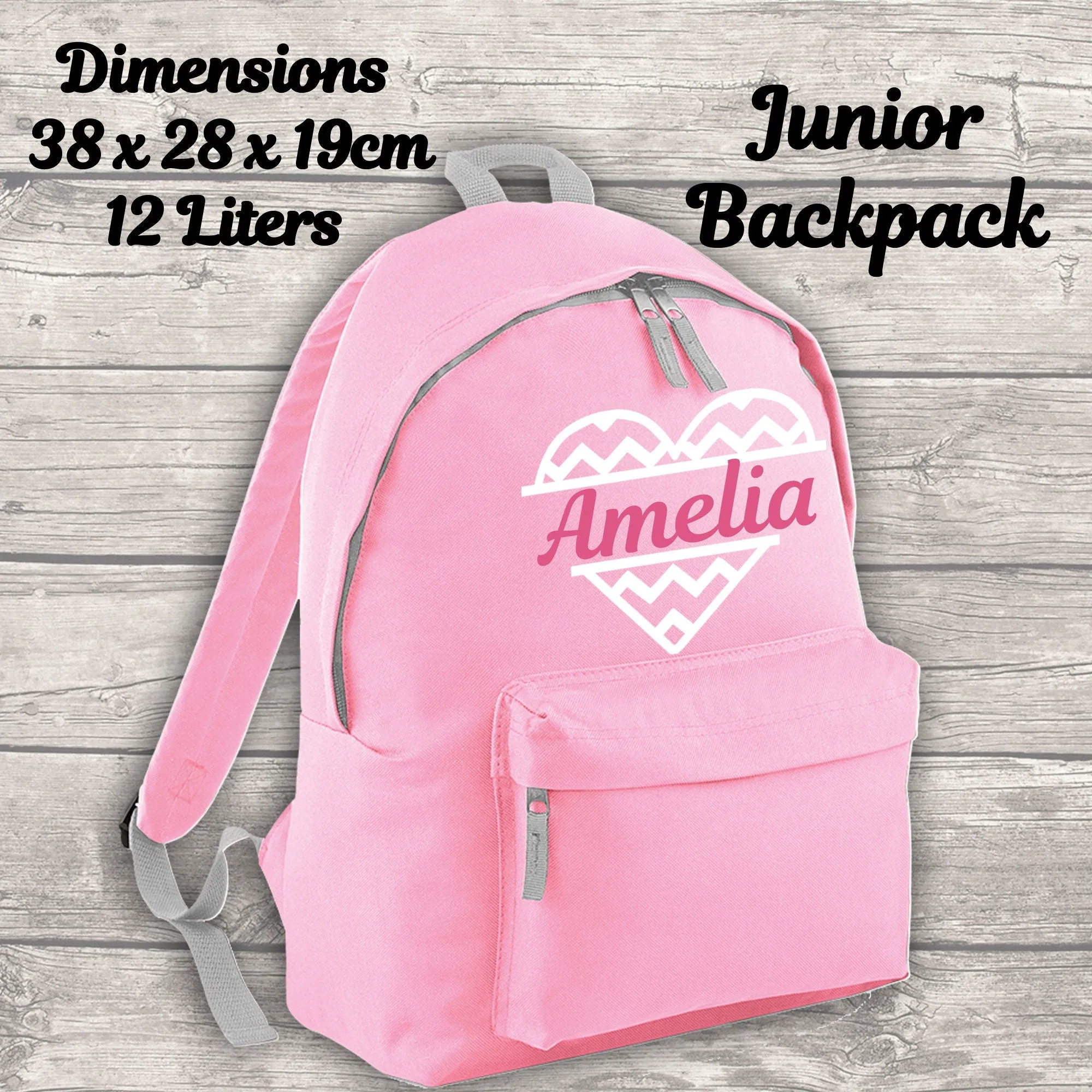 Personalised Heart Backpack Kids 18 12 or 9 Litre Boys Girls Name Lunch Bag Water Bottle Pencil Case School PE Bag Back To School Pink