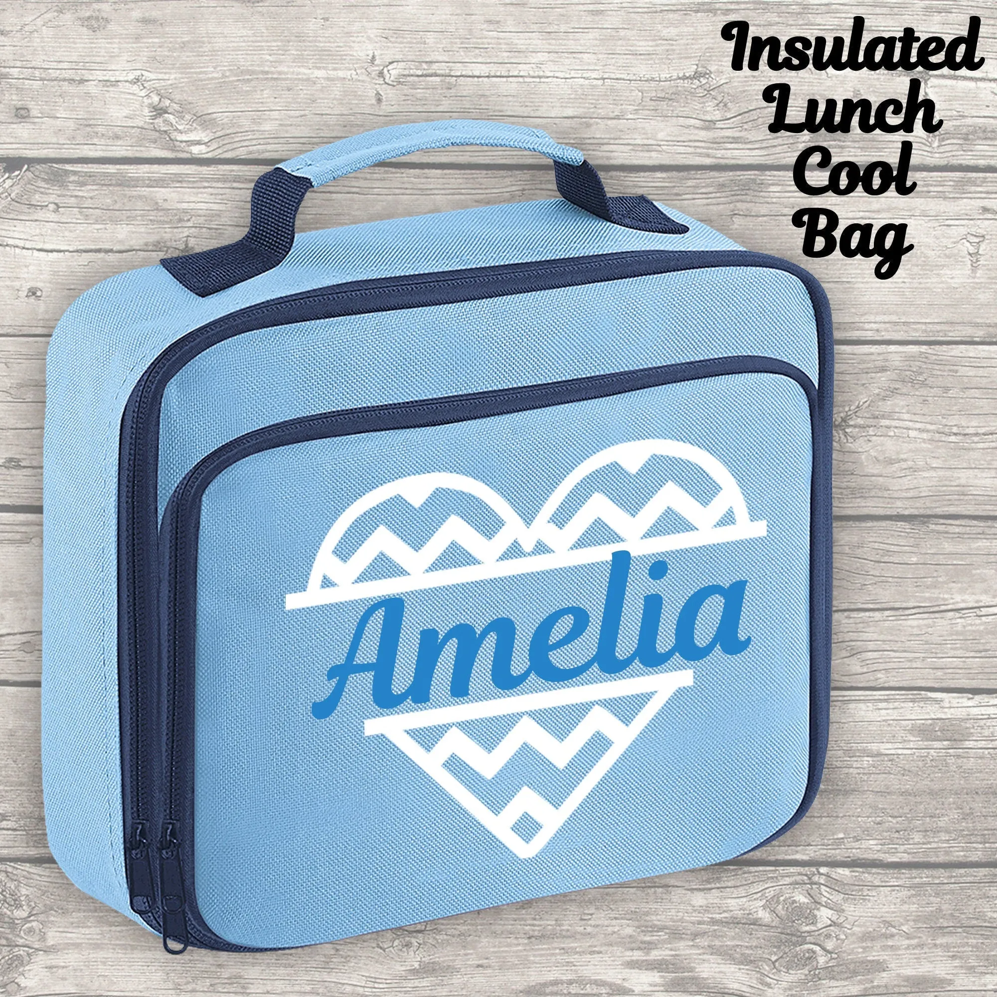 Personalised Heart Backpack Kids 18 or 9 Litre Boys Girls Name Lunch Bag Water Bottle Pencil Case School PE Bag Back To School Sky Blue