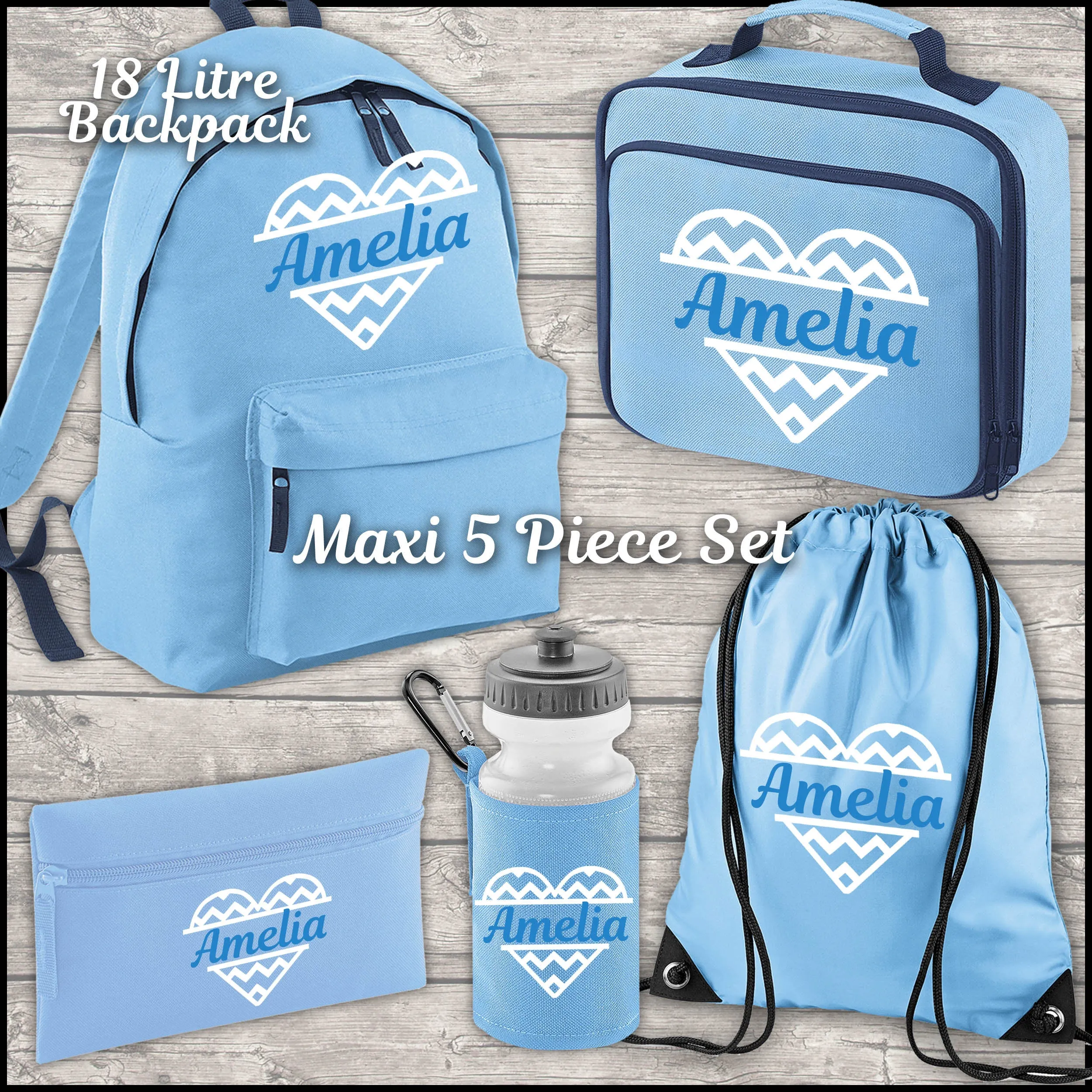 Personalised Heart Backpack Kids 18 or 9 Litre Boys Girls Name Lunch Bag Water Bottle Pencil Case School PE Bag Back To School Sky Blue