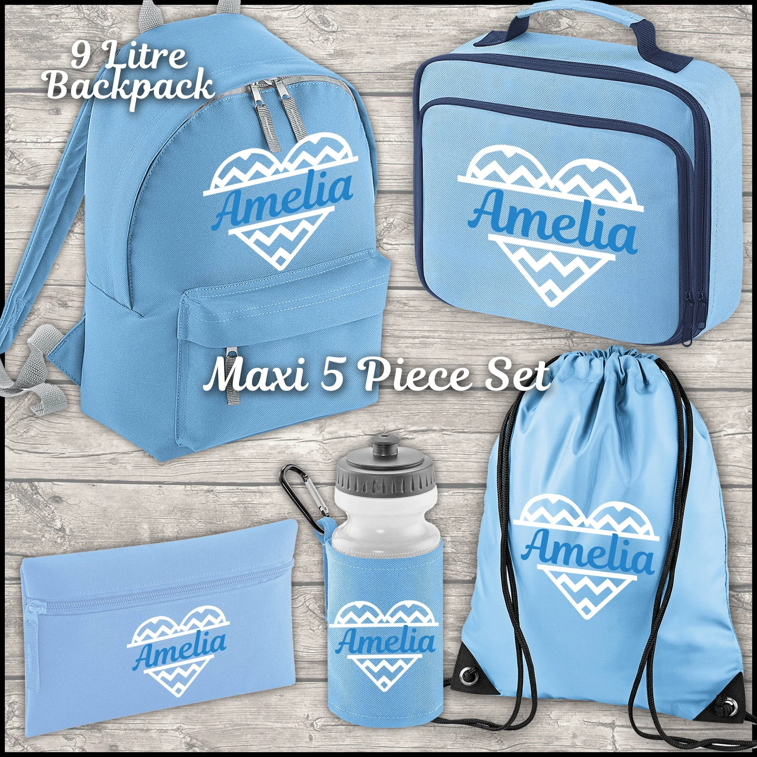 Personalised Heart Backpack Kids 18 or 9 Litre Boys Girls Name Lunch Bag Water Bottle Pencil Case School PE Bag Back To School Sky Blue