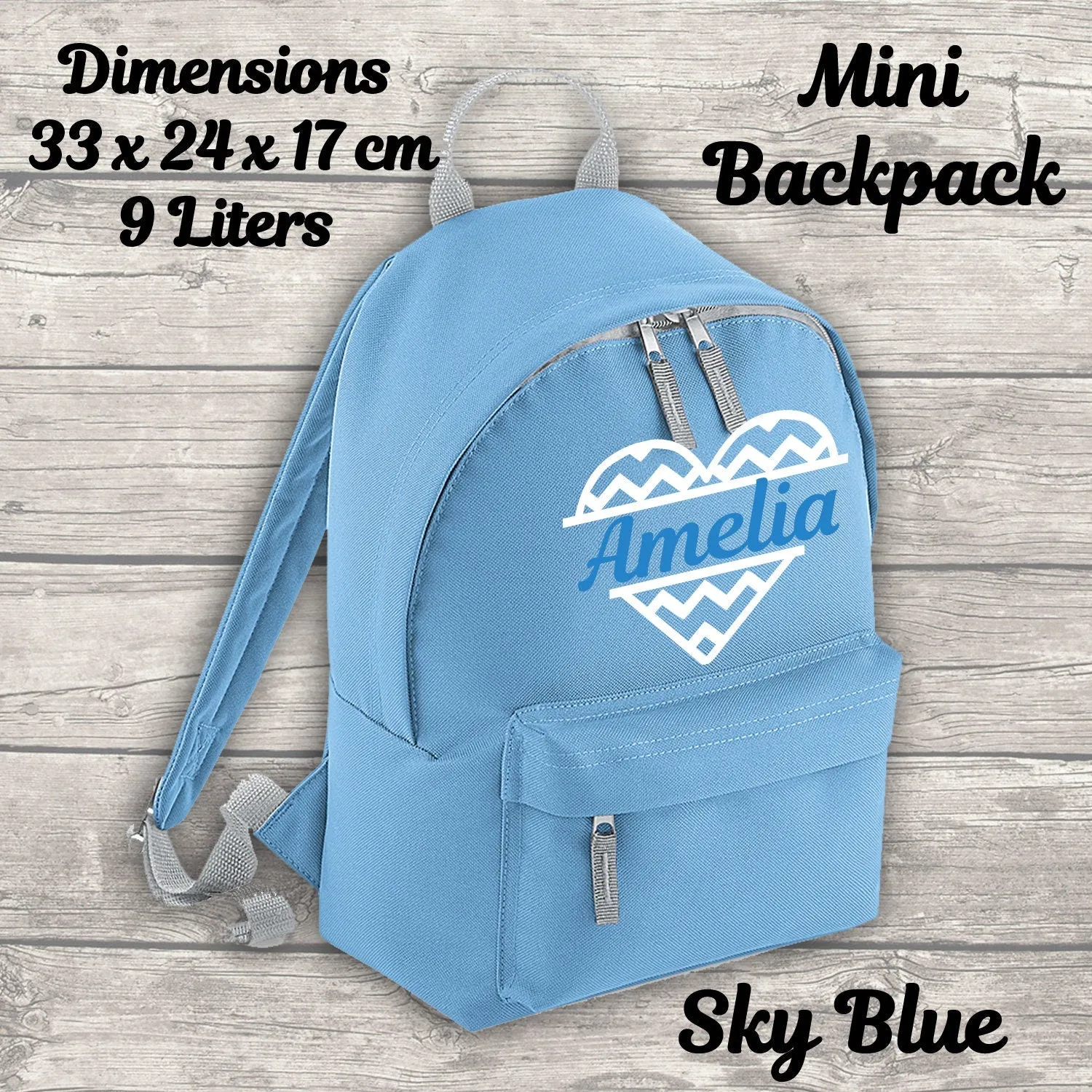 Personalised Heart Backpack Kids 18 or 9 Litre Boys Girls Name Lunch Bag Water Bottle Pencil Case School PE Bag Back To School Sky Blue
