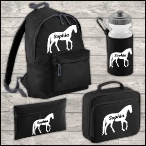 Personalised Horse 12 Litre Backpack Water Bottle and Lunch Bag and FREE Pencil Case Back To School Black Backpack Kids Junior Size