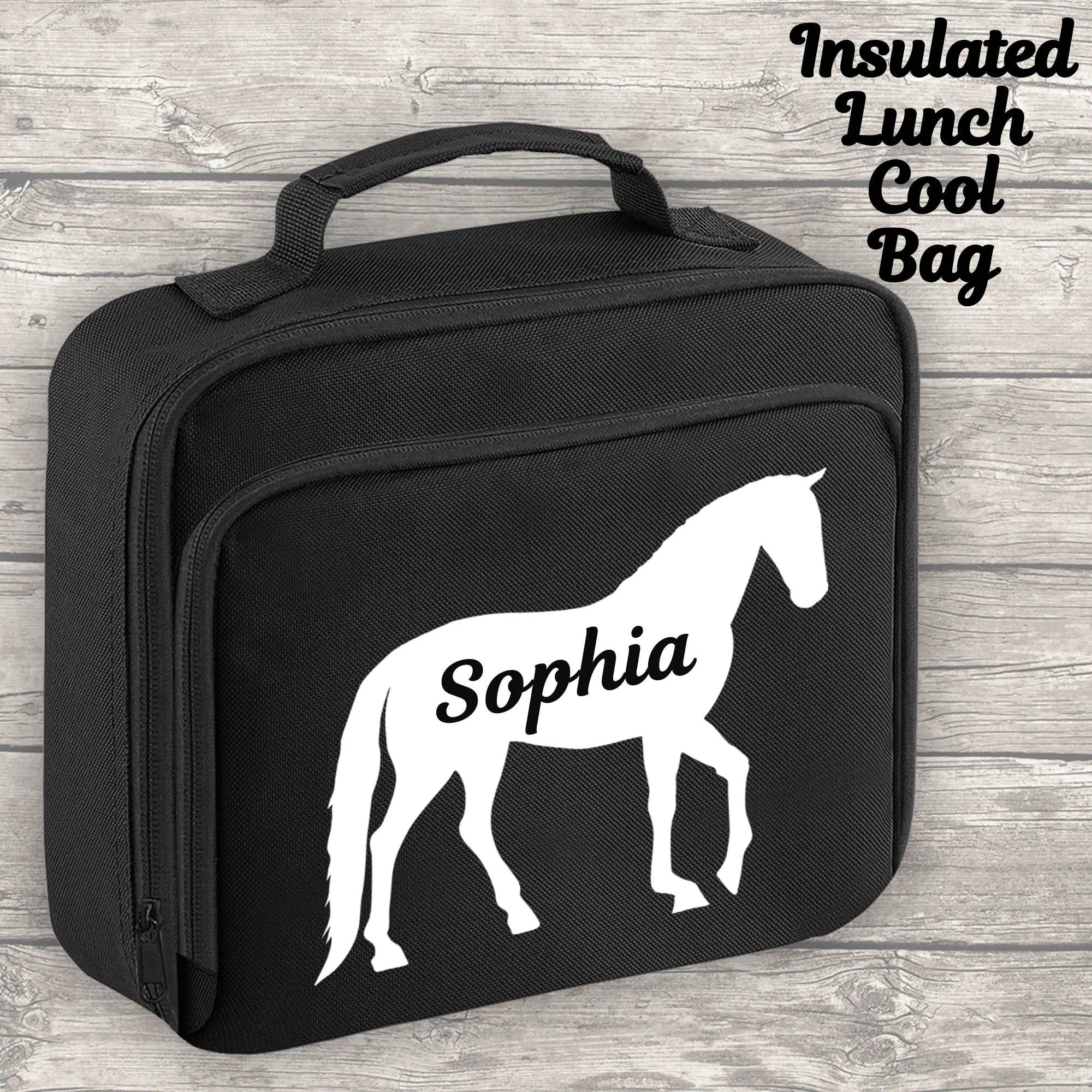 Personalised Horse 12 Litre Backpack Water Bottle and Lunch Bag and FREE Pencil Case Back To School Black Backpack Kids Junior Size