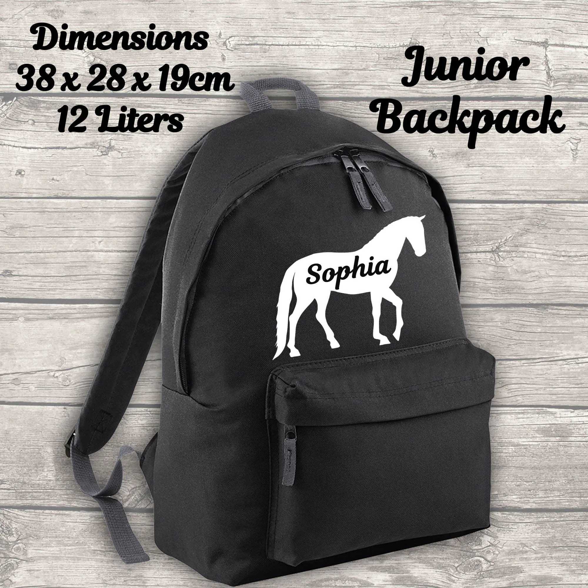 Personalised Horse 12 Litre Backpack Water Bottle and Lunch Bag and FREE Pencil Case Back To School Black Backpack Kids Junior Size