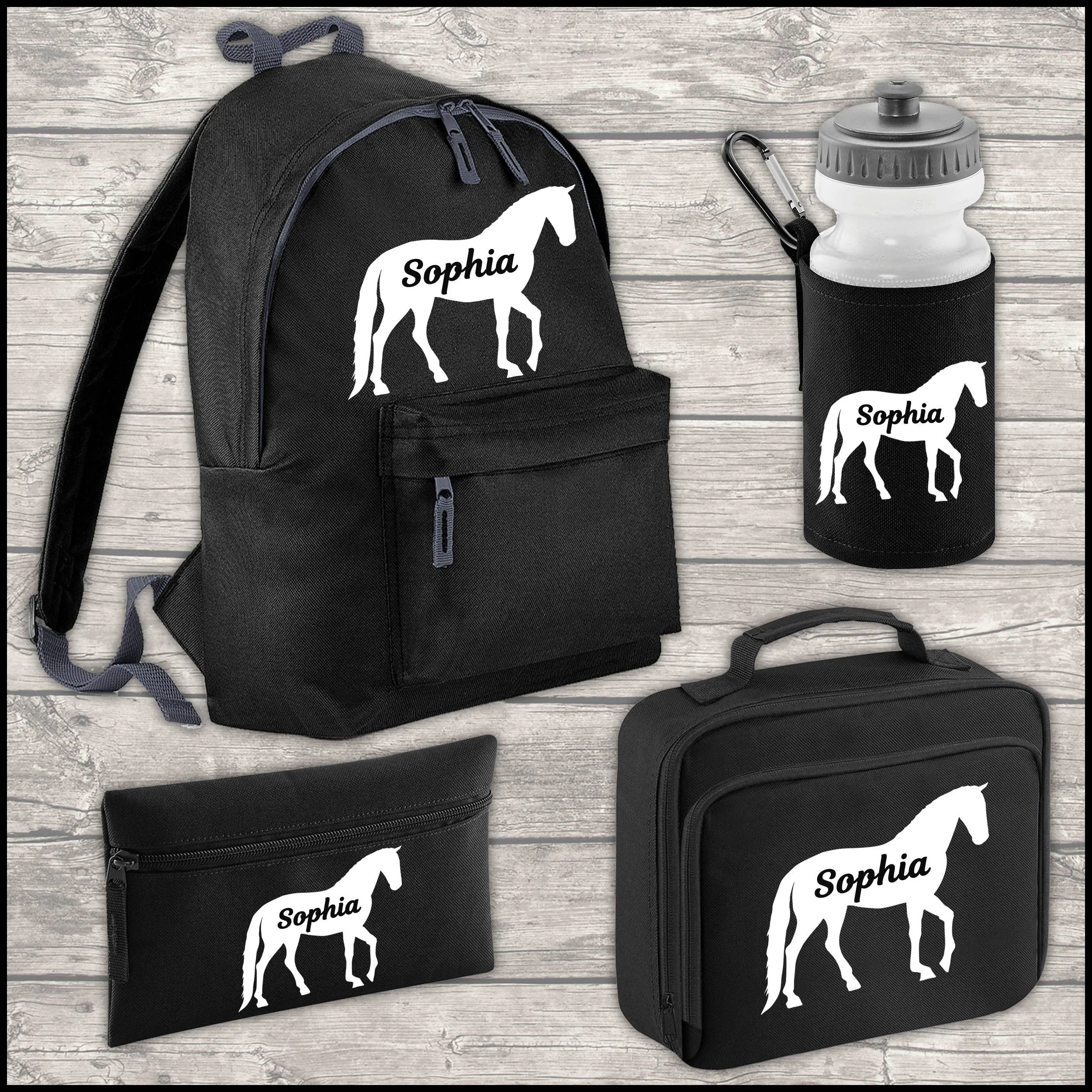 Personalised Horse 12 Litre Backpack Water Bottle and Lunch Bag and FREE Pencil Case Back To School Black Backpack Kids Junior Size