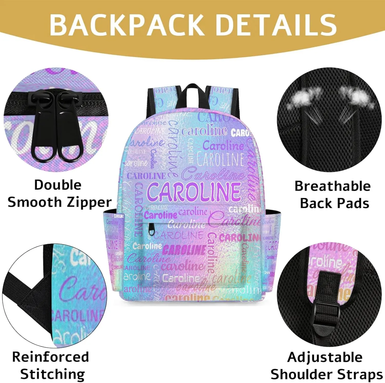 Personalized Backpack Bag with Name Lightweight Custom Shoulder Bags Waterproof Casual Backpacks Travel Laptop Bag 15.1in, Gradient Blue Purple