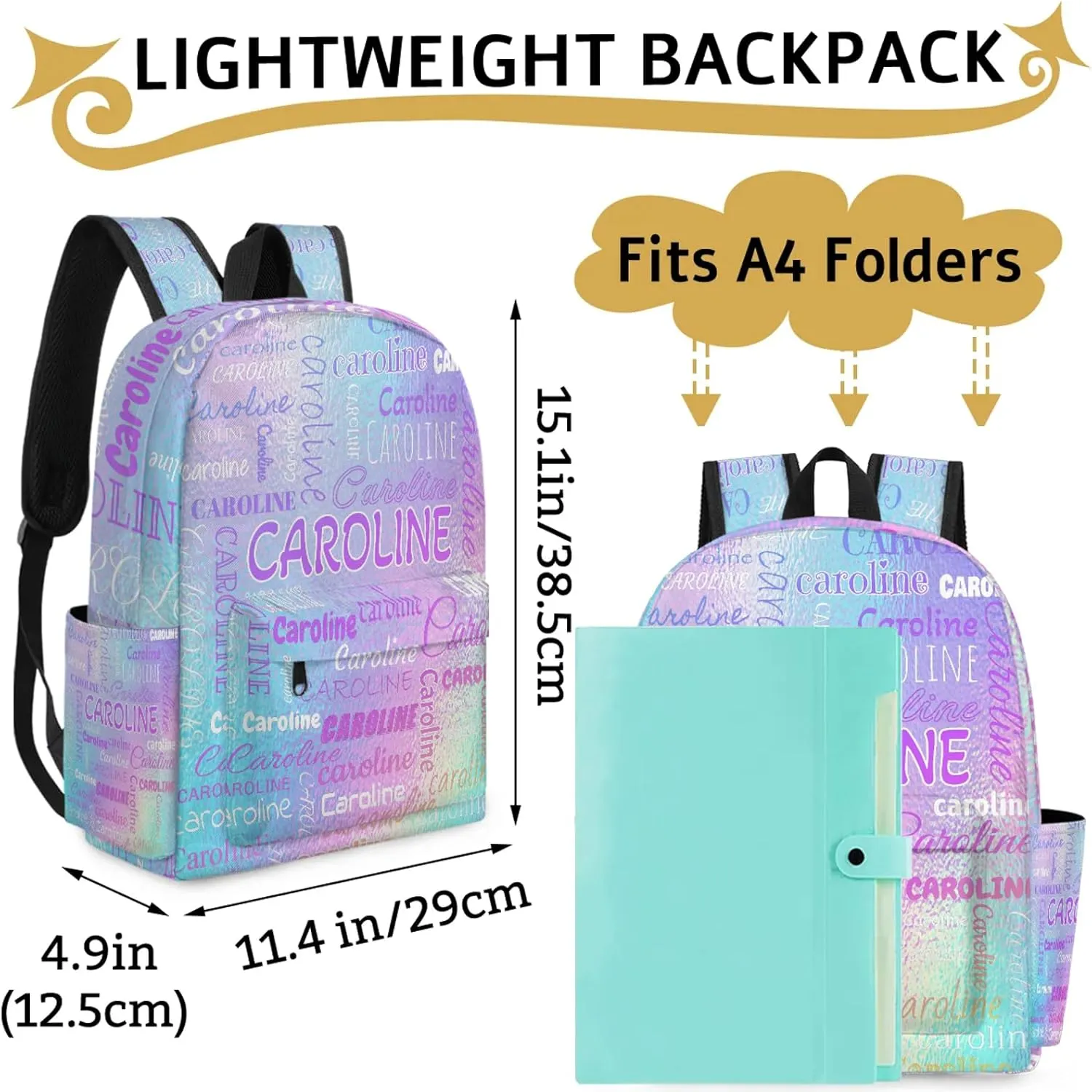 Personalized Backpack Bag with Name Lightweight Custom Shoulder Bags Waterproof Casual Backpacks Travel Laptop Bag 15.1in, Gradient Blue Purple