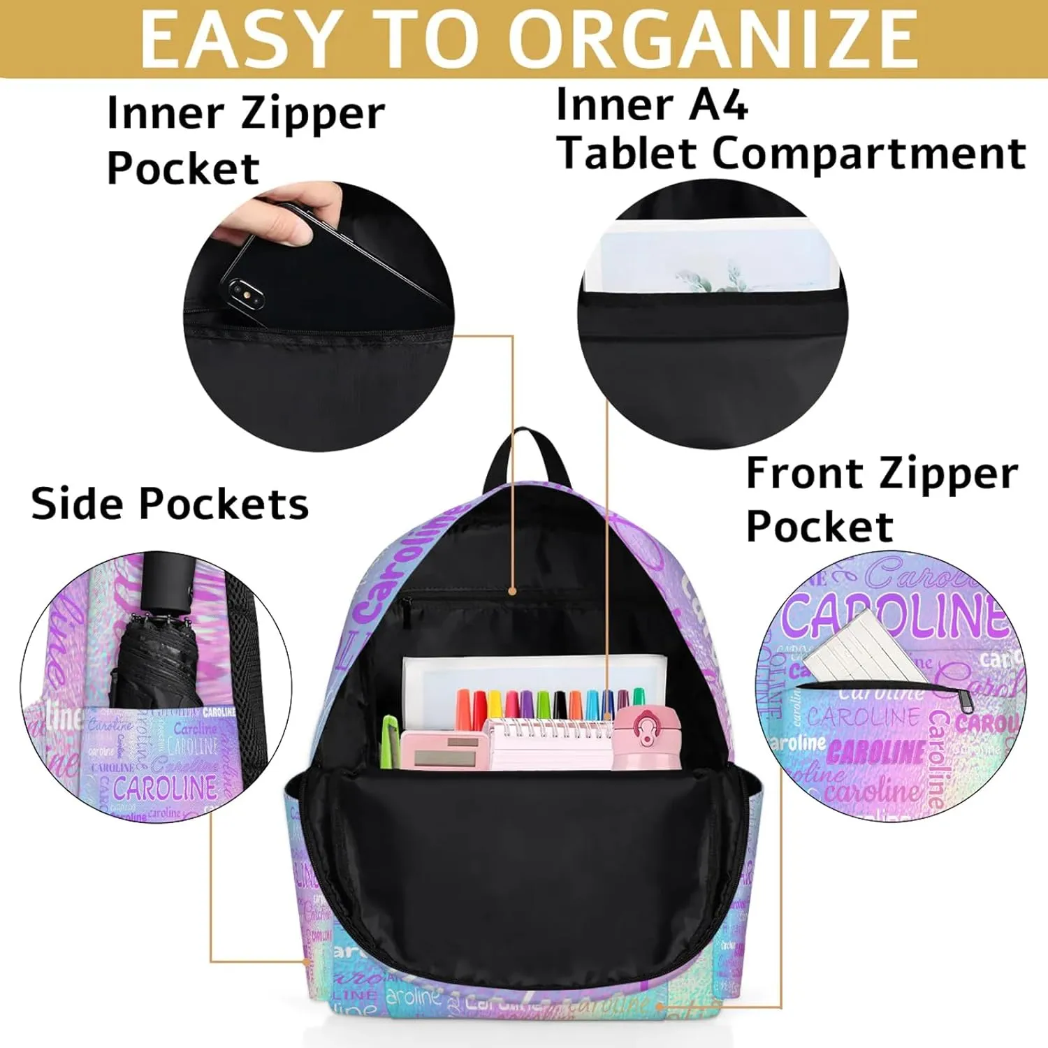 Personalized Backpack Bag with Name Lightweight Custom Shoulder Bags Waterproof Casual Backpacks Travel Laptop Bag 15.1in, Gradient Blue Purple