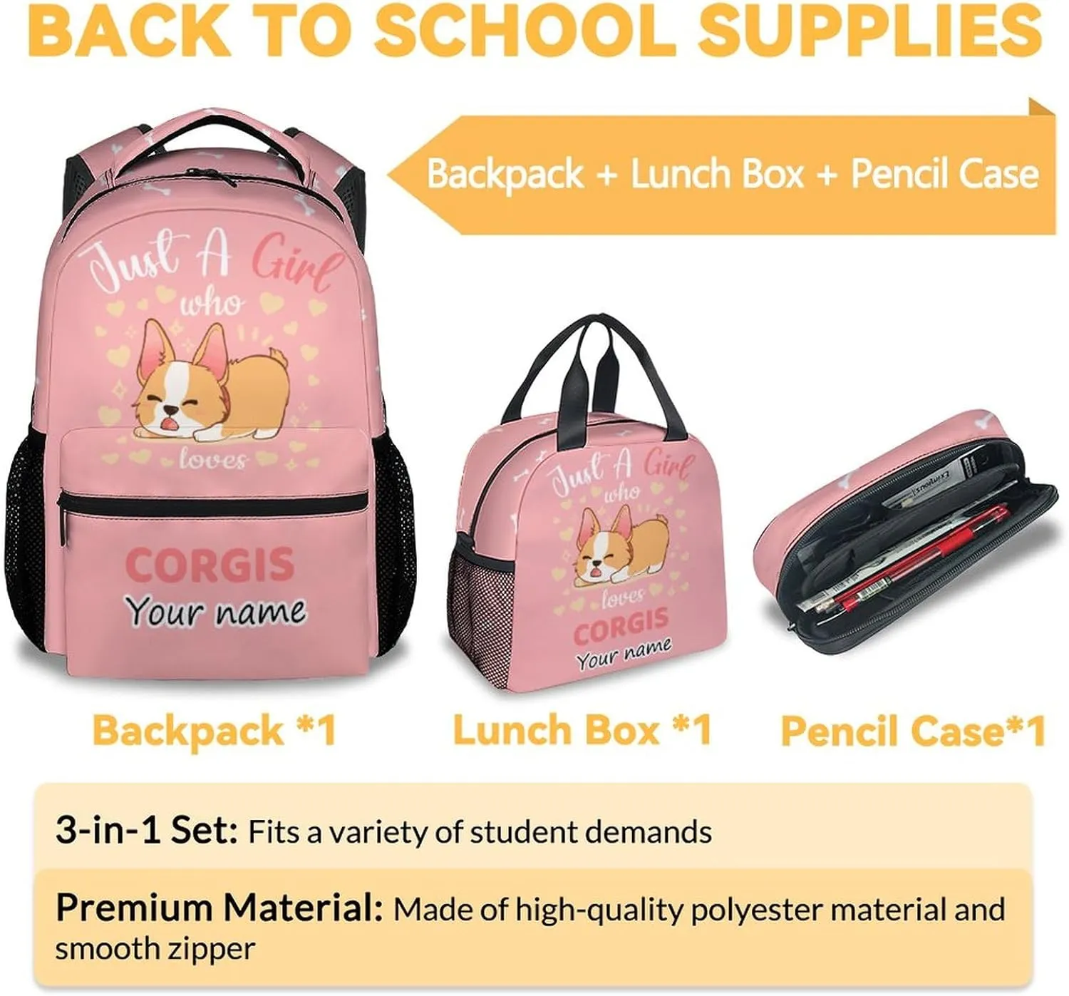 Personalized Corgi Backpack with Lunch Box Set for Girls Boys, 3 in 1 Primary Middle School Backpacks Matching Combo, Large Capacity, Durable, Lightweight, Pink Bookbag and Pencil Case Bundle