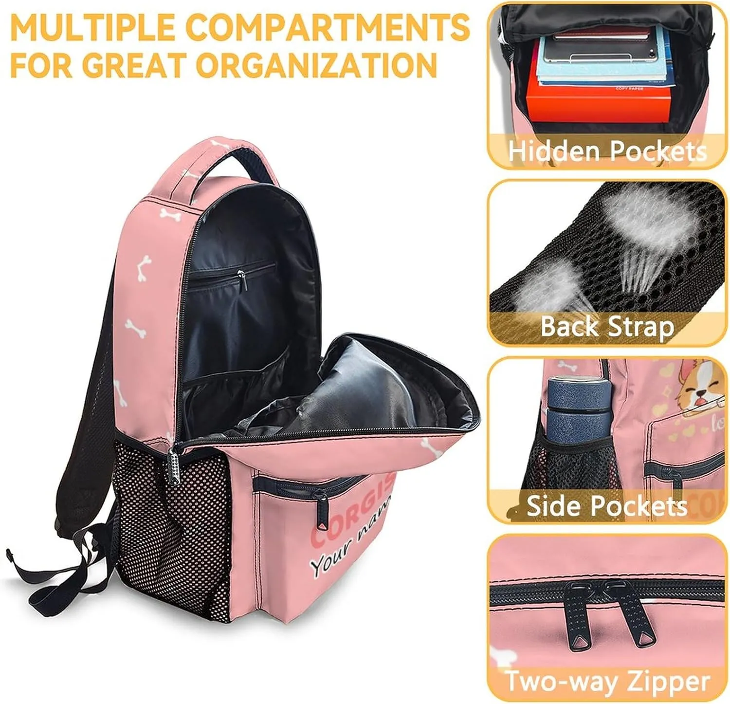Personalized Corgi Backpack with Lunch Box Set for Girls Boys, 3 in 1 Primary Middle School Backpacks Matching Combo, Large Capacity, Durable, Lightweight, Pink Bookbag and Pencil Case Bundle