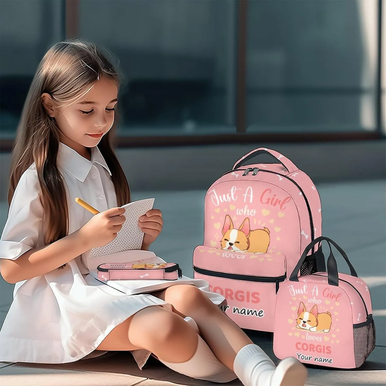 Personalized Corgi Backpack with Lunch Box Set for Girls Boys, 3 in 1 Primary Middle School Backpacks Matching Combo, Large Capacity, Durable, Lightweight, Pink Bookbag and Pencil Case Bundle