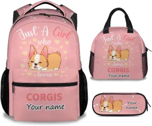 Personalized Corgi Backpack with Lunch Box Set for Girls Boys, 3 in 1 Primary Middle School Backpacks Matching Combo, Large Capacity, Durable, Lightweight, Pink Bookbag and Pencil Case Bundle