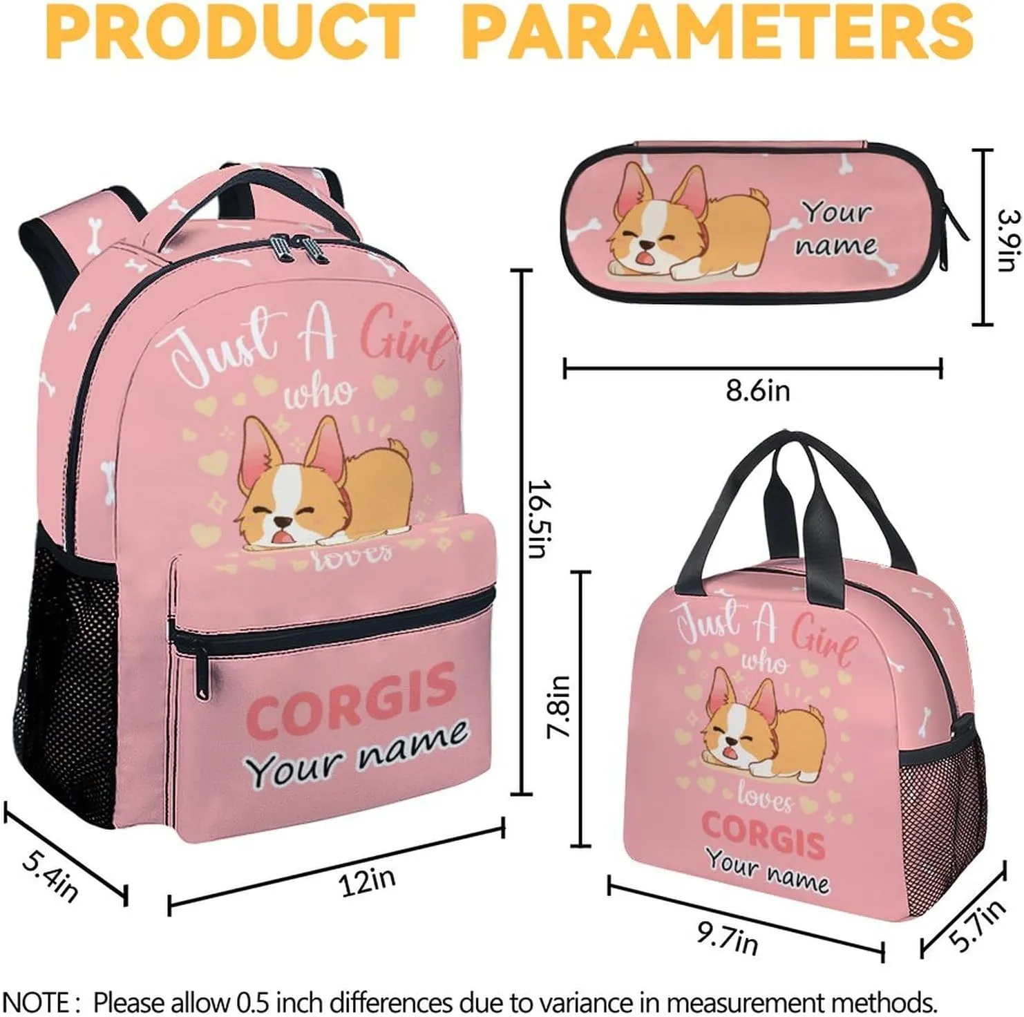 Personalized Corgi Backpack with Lunch Box Set for Girls Boys, 3 in 1 Primary Middle School Backpacks Matching Combo, Large Capacity, Durable, Lightweight, Pink Bookbag and Pencil Case Bundle