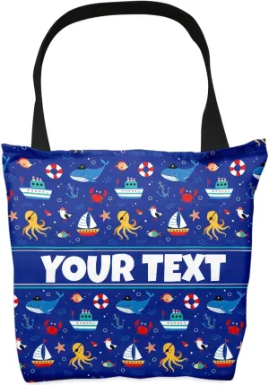 Personalized Tote Bag - Nautical, Custom Name/Text, Reusable w/Straps, Canvas Cloth Fabric, Customized Gift Idea, Birthday/Christmas/Holiday Present, 13x13