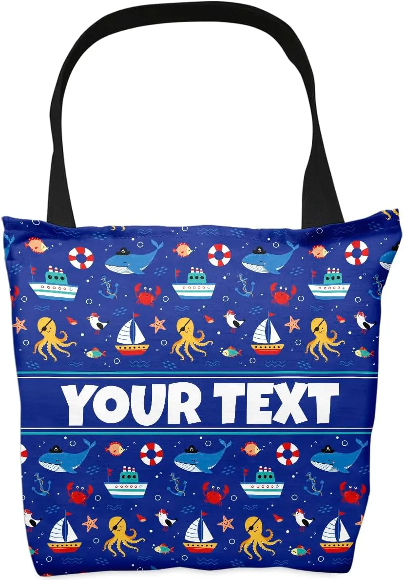 Personalized Tote Bag - Nautical, Custom Name/Text, Reusable w/Straps, Canvas Cloth Fabric, Customized Gift Idea, Birthday/Christmas/Holiday Present, 13x13