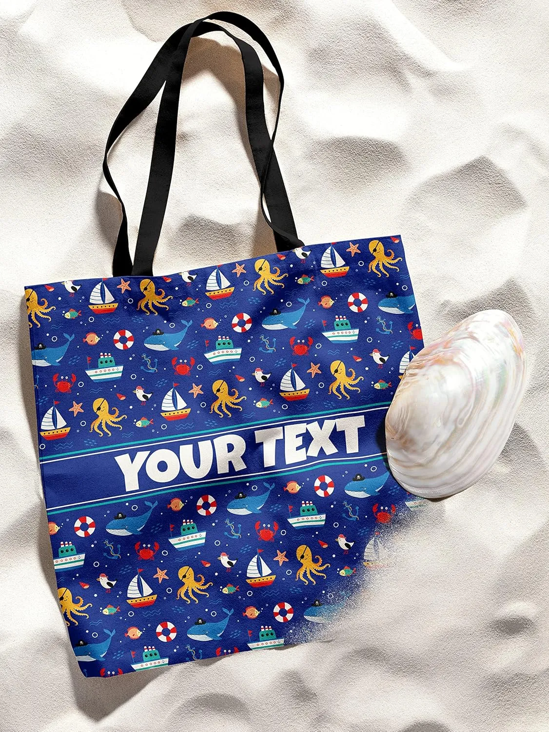 Personalized Tote Bag - Nautical, Custom Name/Text, Reusable w/Straps, Canvas Cloth Fabric, Customized Gift Idea, Birthday/Christmas/Holiday Present, 13x13