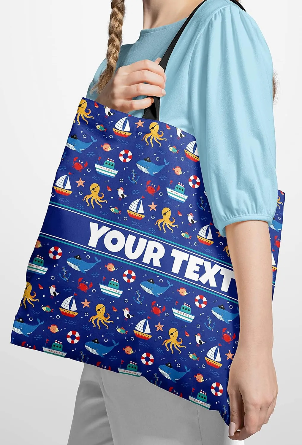 Personalized Tote Bag - Nautical, Custom Name/Text, Reusable w/Straps, Canvas Cloth Fabric, Customized Gift Idea, Birthday/Christmas/Holiday Present, 13x13
