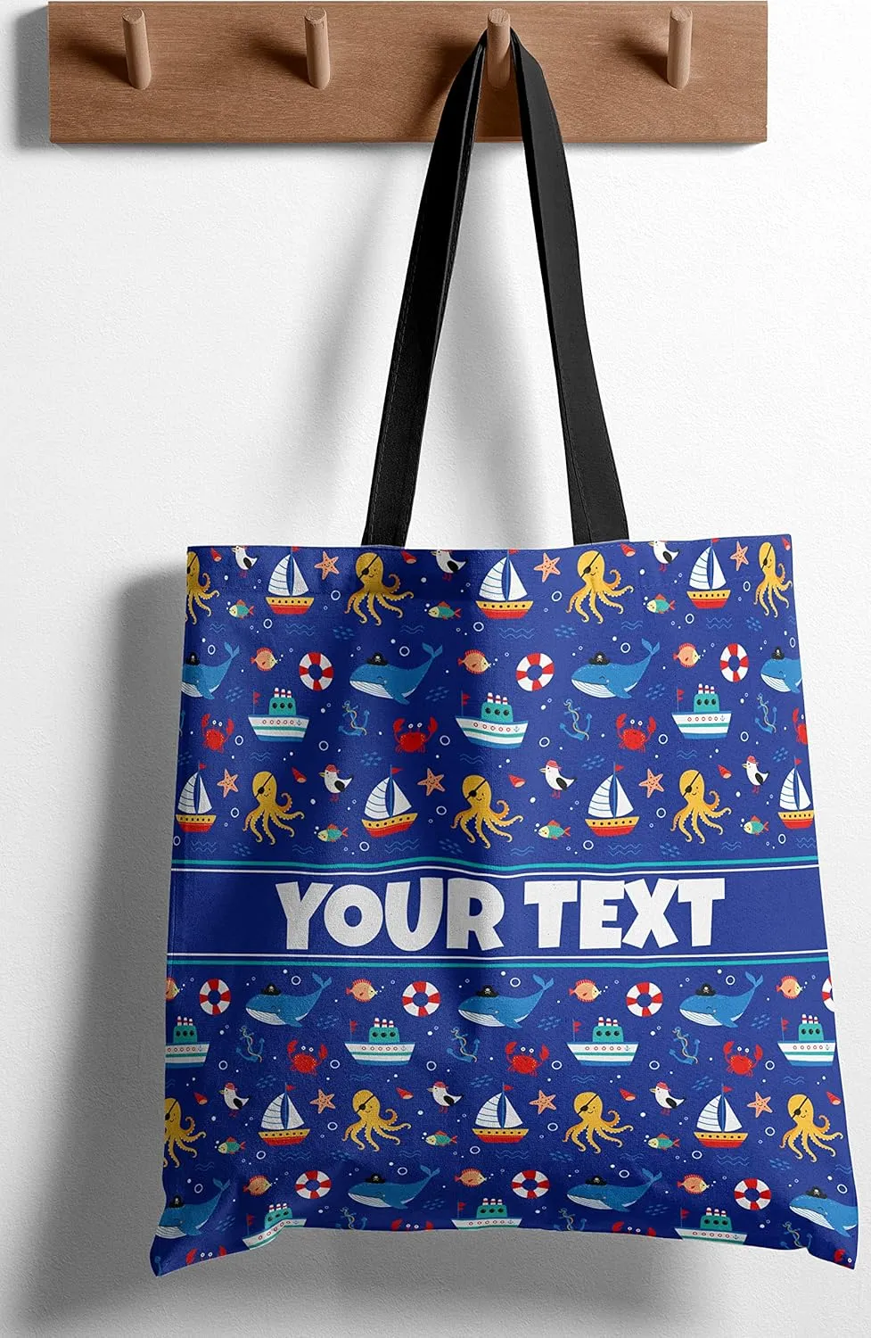 Personalized Tote Bag - Nautical, Custom Name/Text, Reusable w/Straps, Canvas Cloth Fabric, Customized Gift Idea, Birthday/Christmas/Holiday Present, 13x13