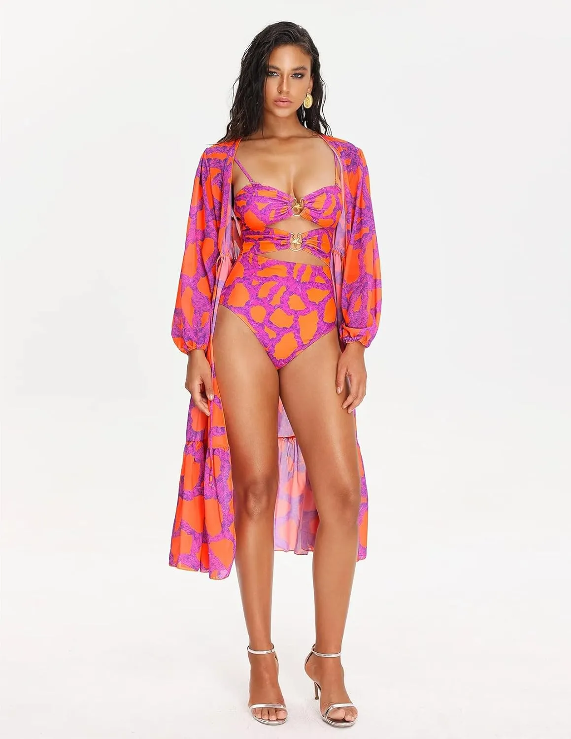Pink 3 Piece Swimsuits for Women Printed Floral Bikini Tropical High Waisted Bikini