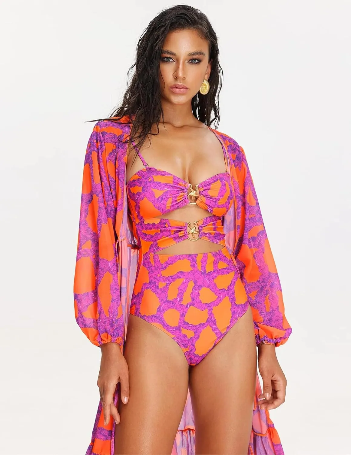 Pink 3 Piece Swimsuits for Women Printed Floral Bikini Tropical High Waisted Bikini
