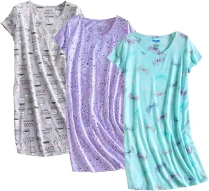 PNAEONG 3 Pack Women's Cotton Nightgown Sleepwear Short Sleeves Shirt Casual Print Sleepdress