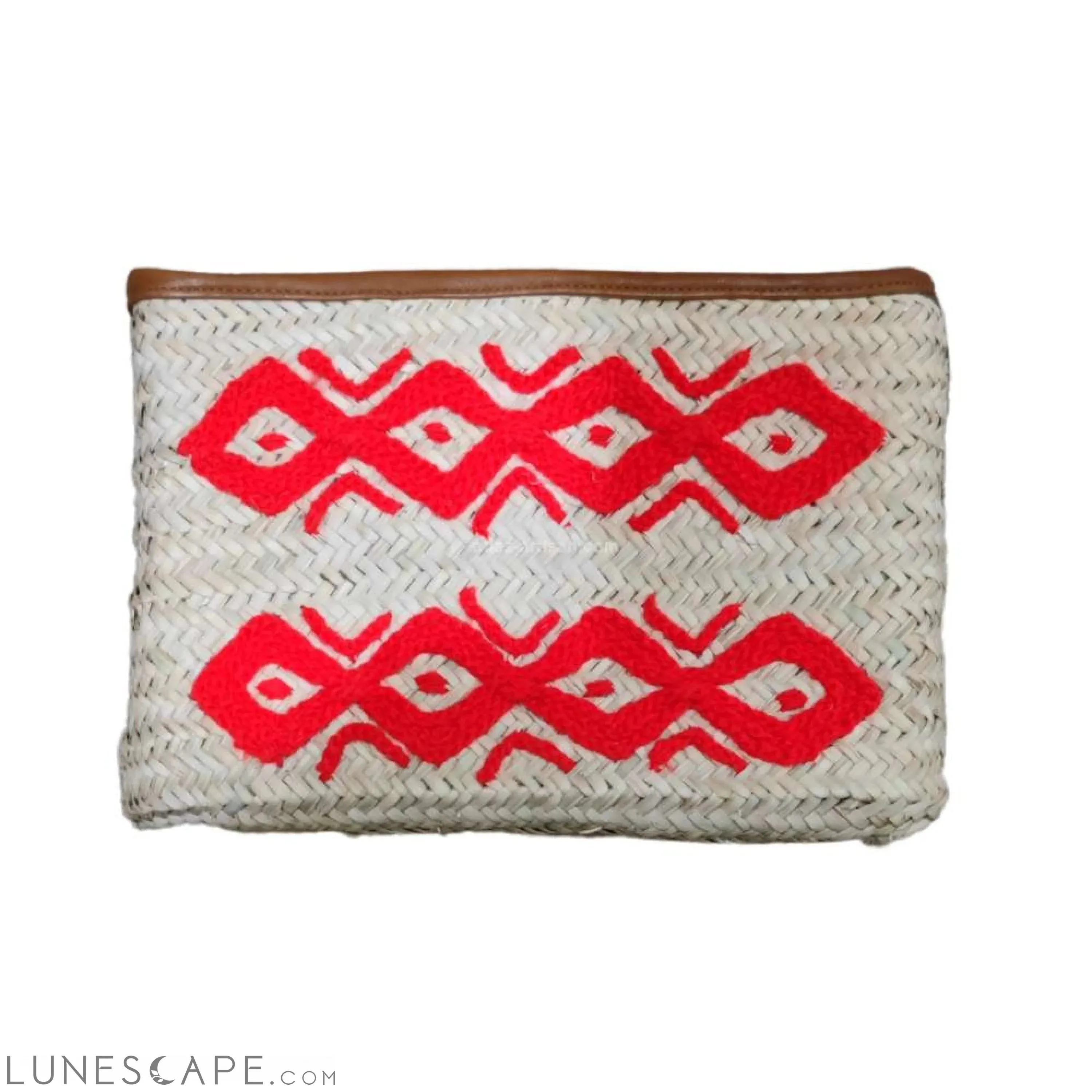 Pochette Raphia Embroidered Raffia Zipper Top Lined Pouch Eye & Diamond Patterns