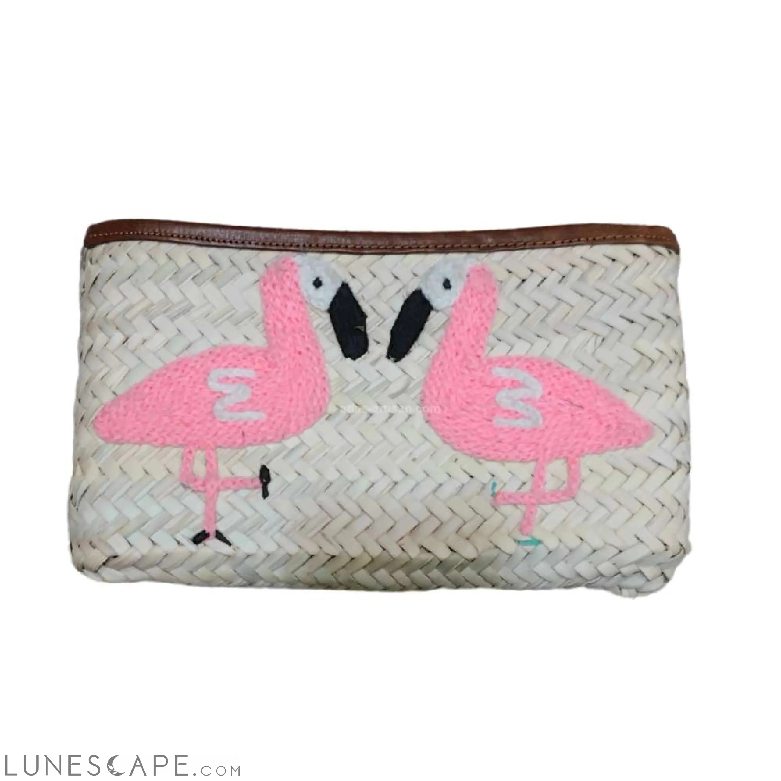 Pochette Raphia Embroidered Raffia Zipper Top Lined Pouch Eye & Diamond Patterns