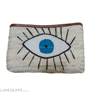 Pochette Raphia Embroidered Raffia Zipper Top Lined Pouch Eye & Diamond Patterns