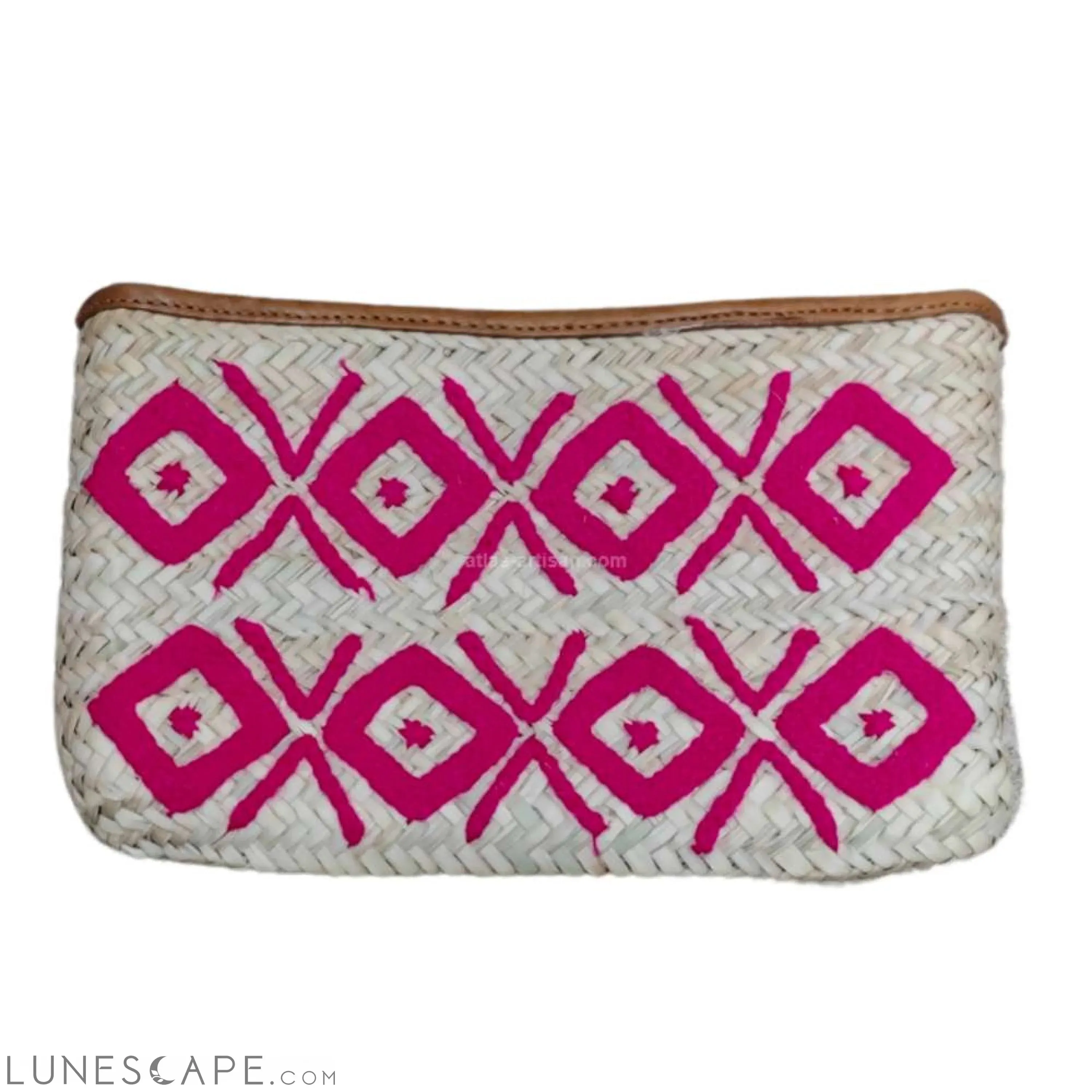 Pochette Raphia Embroidered Raffia Zipper Top Lined Pouch Eye & Diamond Patterns