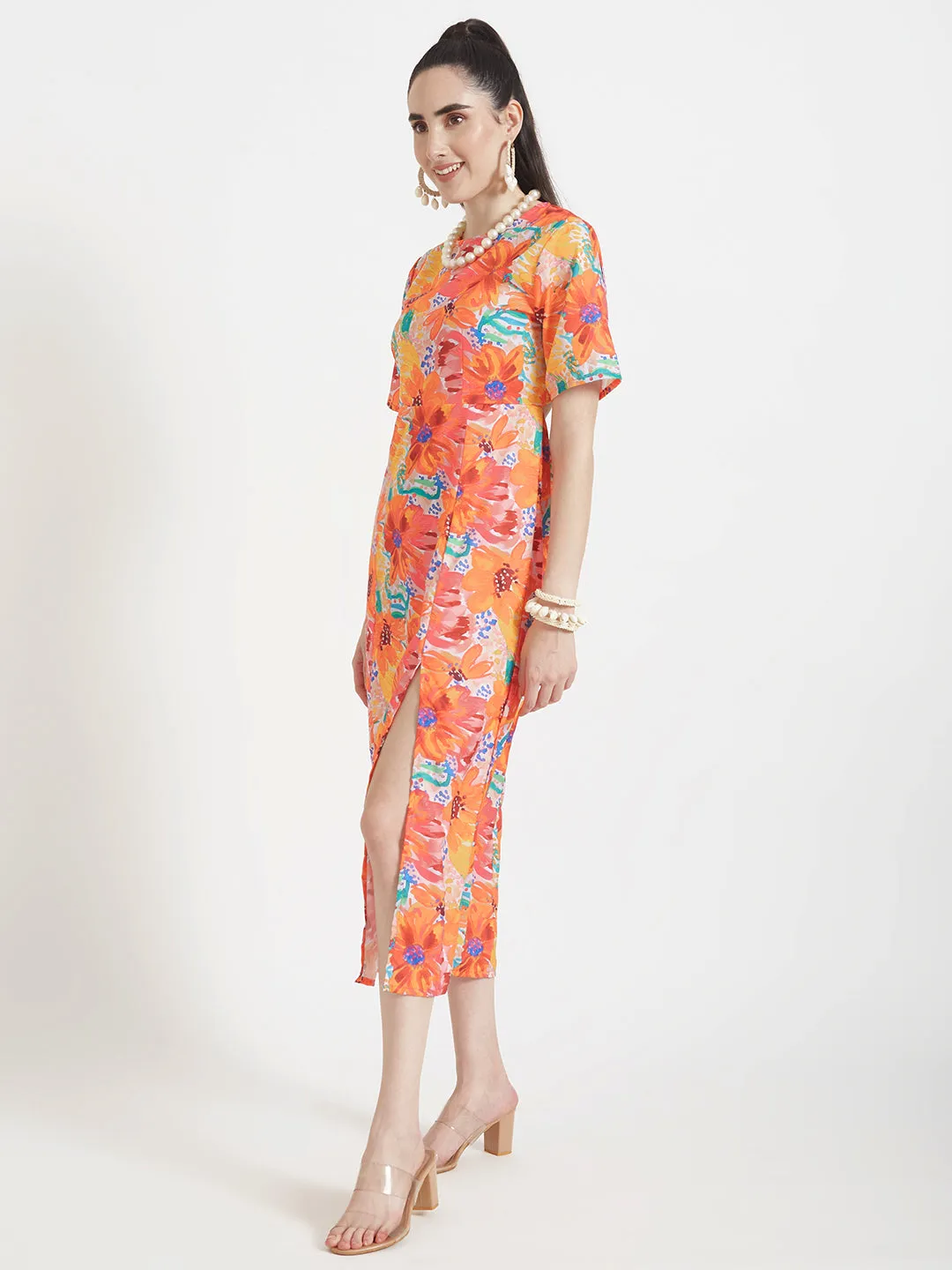 Premium American Crepe Digital Print  Maxi Dress With Slash Pocket
