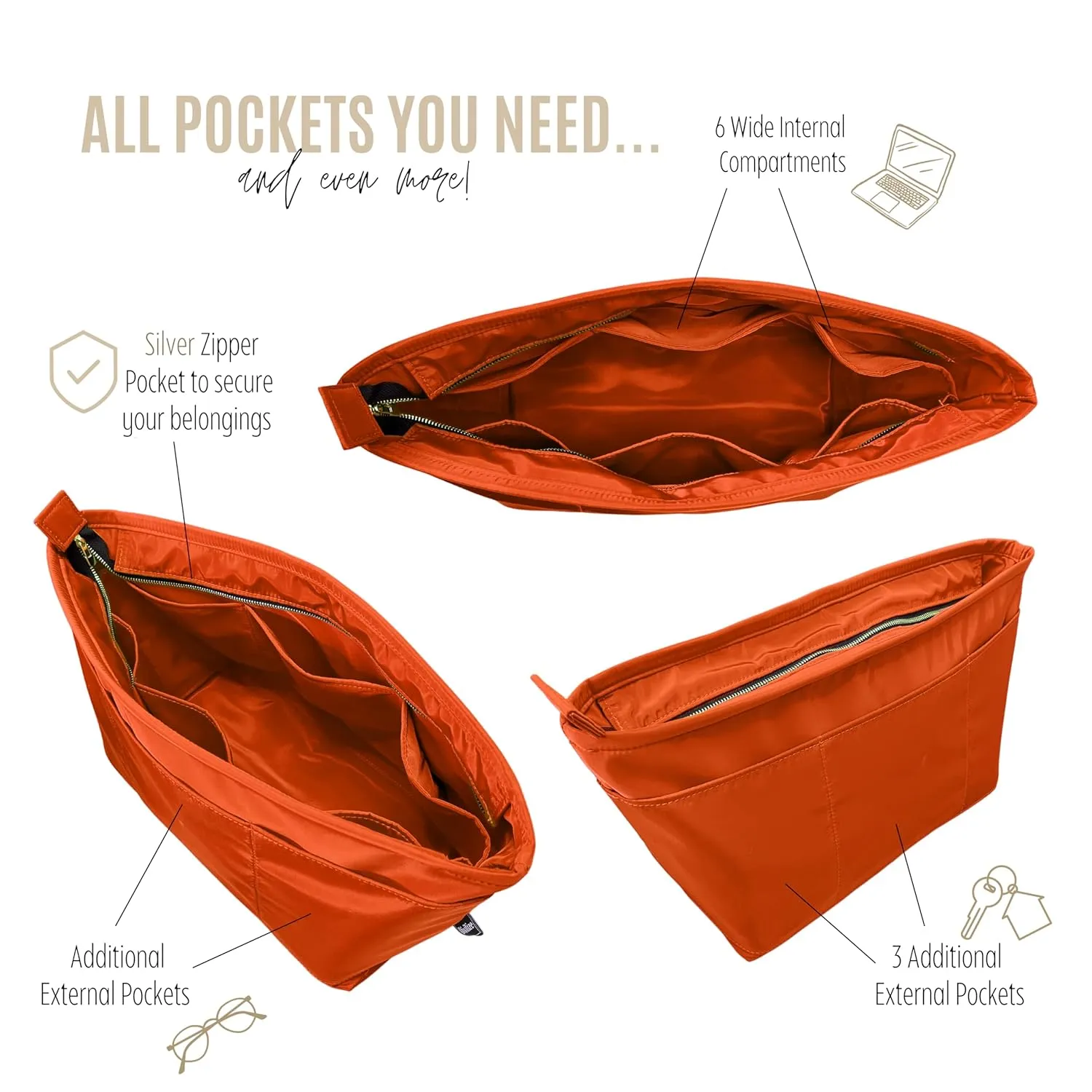 Premium Nylon Bag Organizer for Saint Louis PM Bag Organizer, St Louis GM Tote Bag Insert, Handmade Snug Oval Shaped Water Resistant Nylon Insert Silver Zipper (For St Louis GM, Orange)