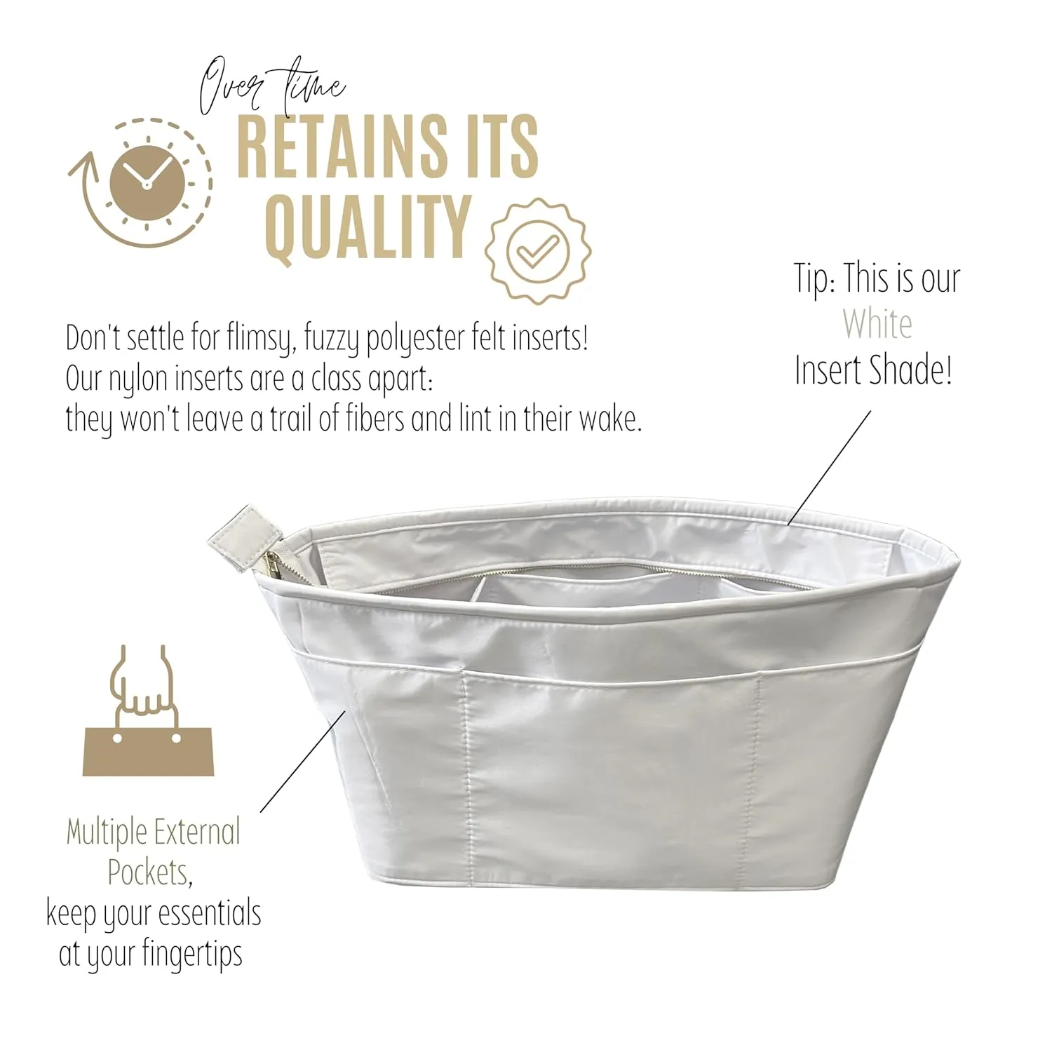 Premium Nylon Bag Organizer for Saint Louis PM Bag Organizer, St Louis GM Tote Bag Insert, Handmade Snug Oval Shaped Water Resistant Nylon Insert Silver Zipper (For St Louis GM, White)