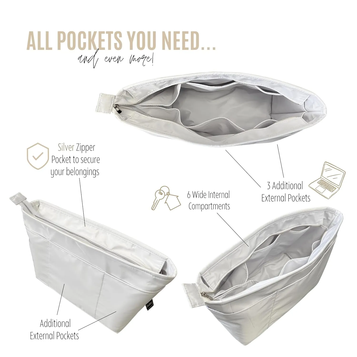 Premium Nylon Bag Organizer for Saint Louis PM Bag Organizer, St Louis GM Tote Bag Insert, Handmade Snug Oval Shaped Water Resistant Nylon Insert Silver Zipper (For St Louis GM, White)