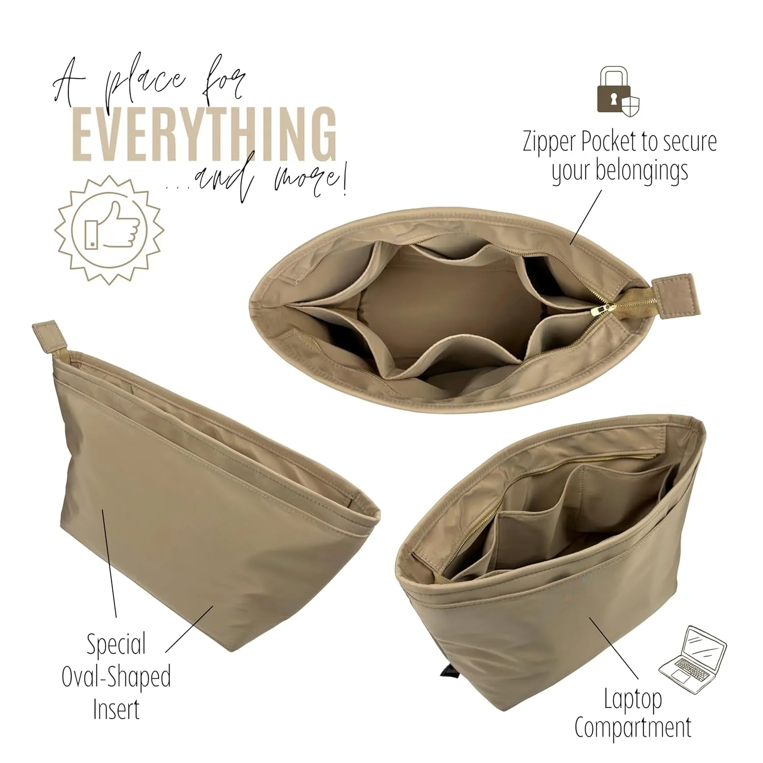 Premium Nylon Bag Organizer for Saint Louis PM Bag Organizer, St Louis GM Tote Bag Insert, Handmade Snug Oval Shaped Water Resistant Nylon Insert Silver Zipper (For St Louis PM, Beige)