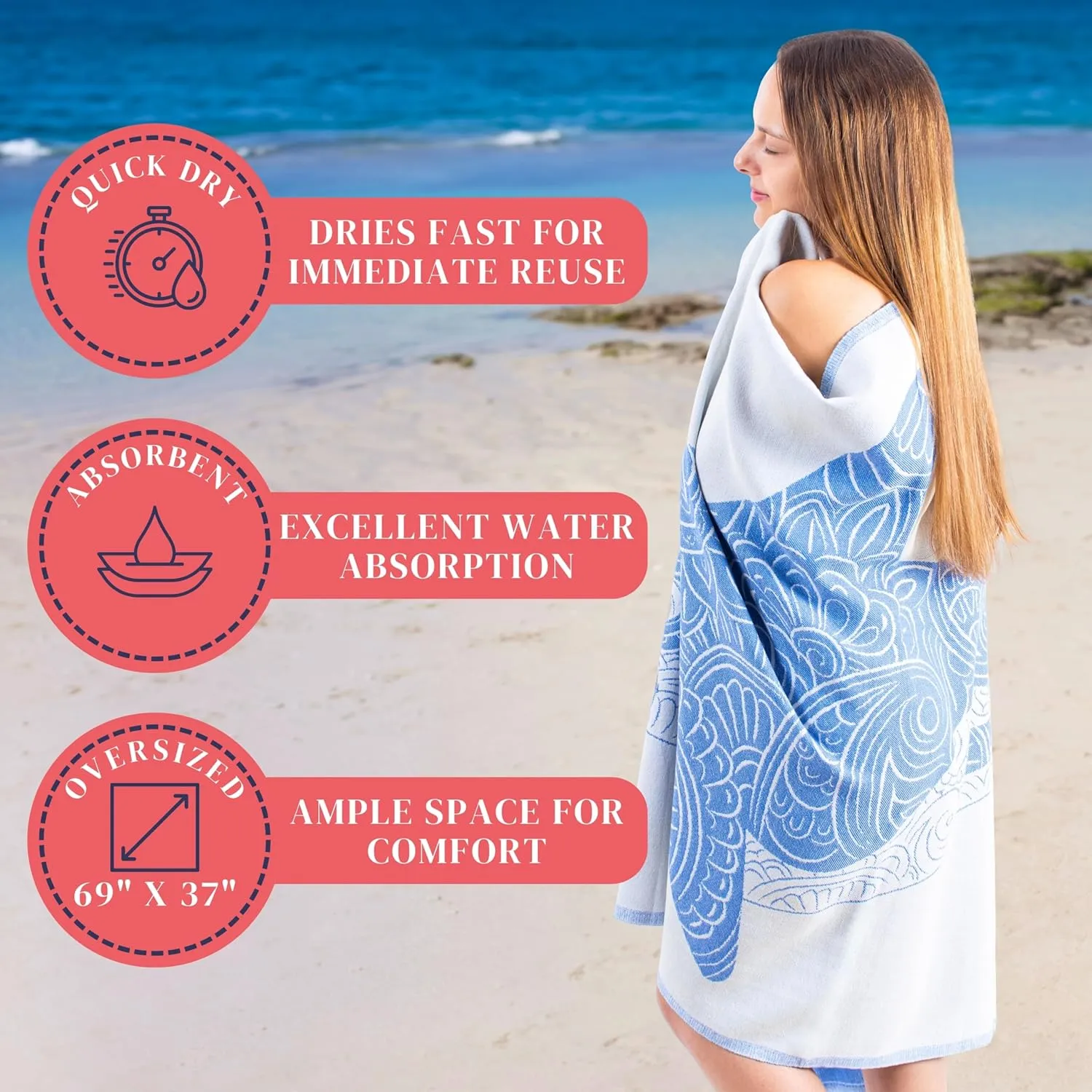 Quick Dry Beach Towels Oversized (69 x 37 inch) - Sand Resistant, Cloud, Turkish Big Beach Towel for Adults - Swim Towels Quick Dry for Swimmers – Folds Compact & Lightweight for Pool, Travel, Cruise