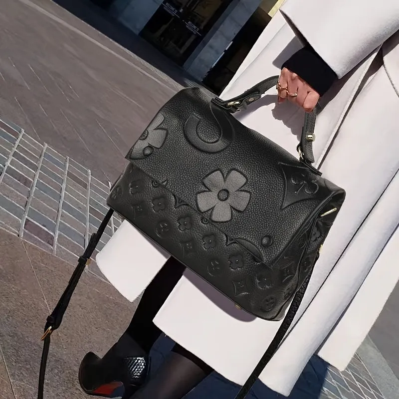 realaiot  Classic Style Embossed Handbag, Luxury Genuine Leather Tote Bag & Purses, Large Capacity Shoulder Bag For Women