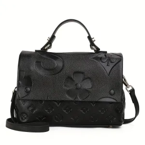 realaiot  Classic Style Embossed Handbag, Luxury Genuine Leather Tote Bag & Purses, Large Capacity Shoulder Bag For Women