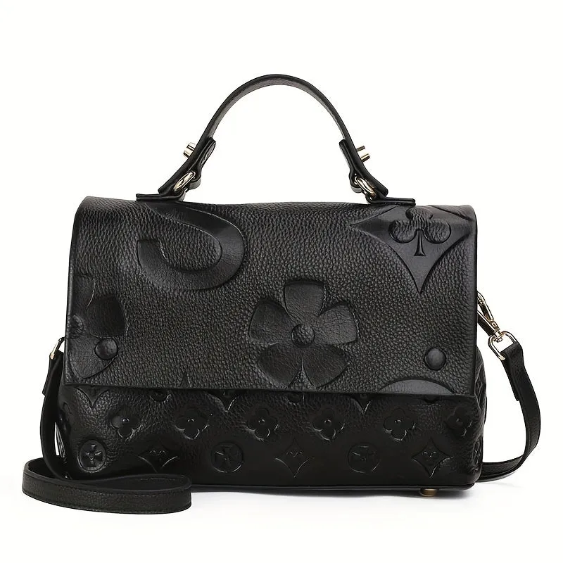 realaiot  Classic Style Embossed Handbag, Luxury Genuine Leather Tote Bag & Purses, Large Capacity Shoulder Bag For Women