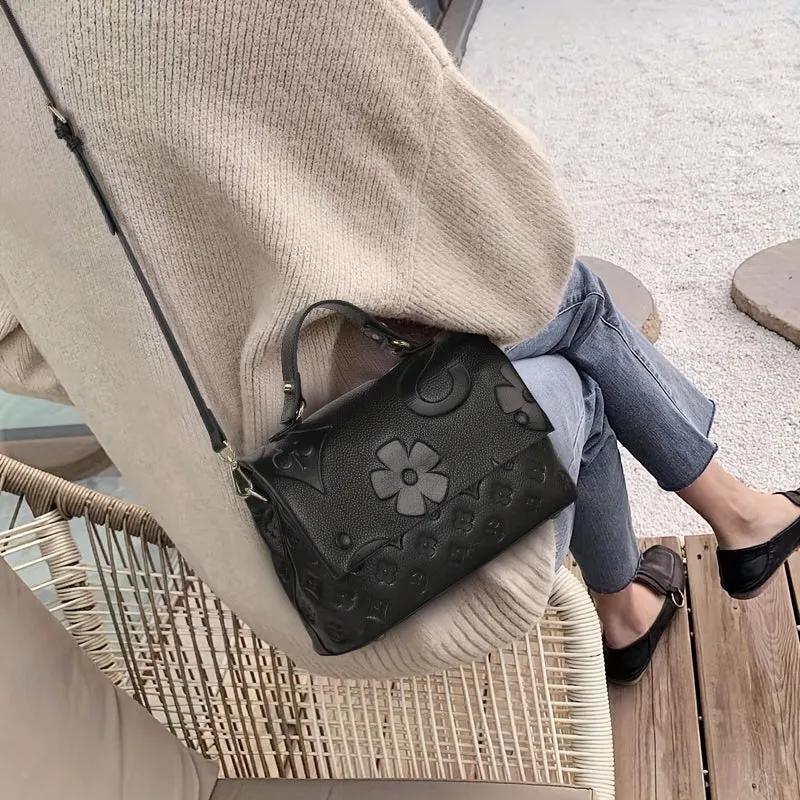 realaiot  Classic Style Embossed Handbag, Luxury Genuine Leather Tote Bag & Purses, Large Capacity Shoulder Bag For Women