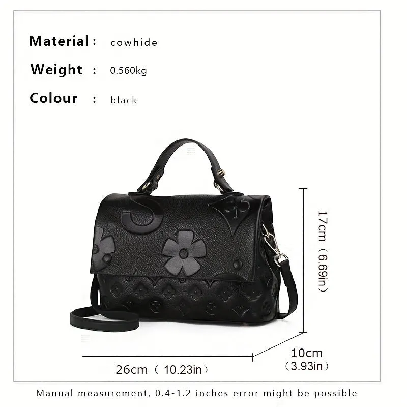 realaiot  Classic Style Embossed Handbag, Luxury Genuine Leather Tote Bag & Purses, Large Capacity Shoulder Bag For Women