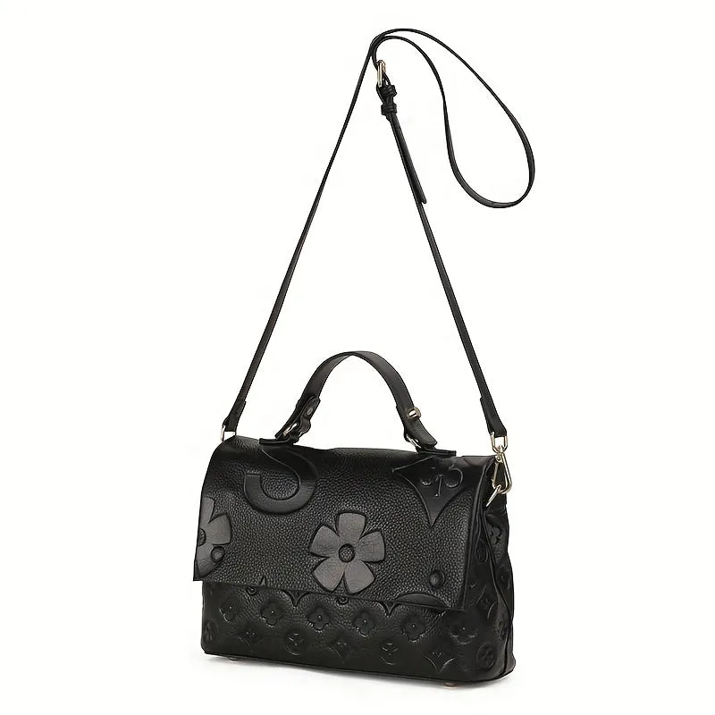 realaiot  Classic Style Embossed Handbag, Luxury Genuine Leather Tote Bag & Purses, Large Capacity Shoulder Bag For Women