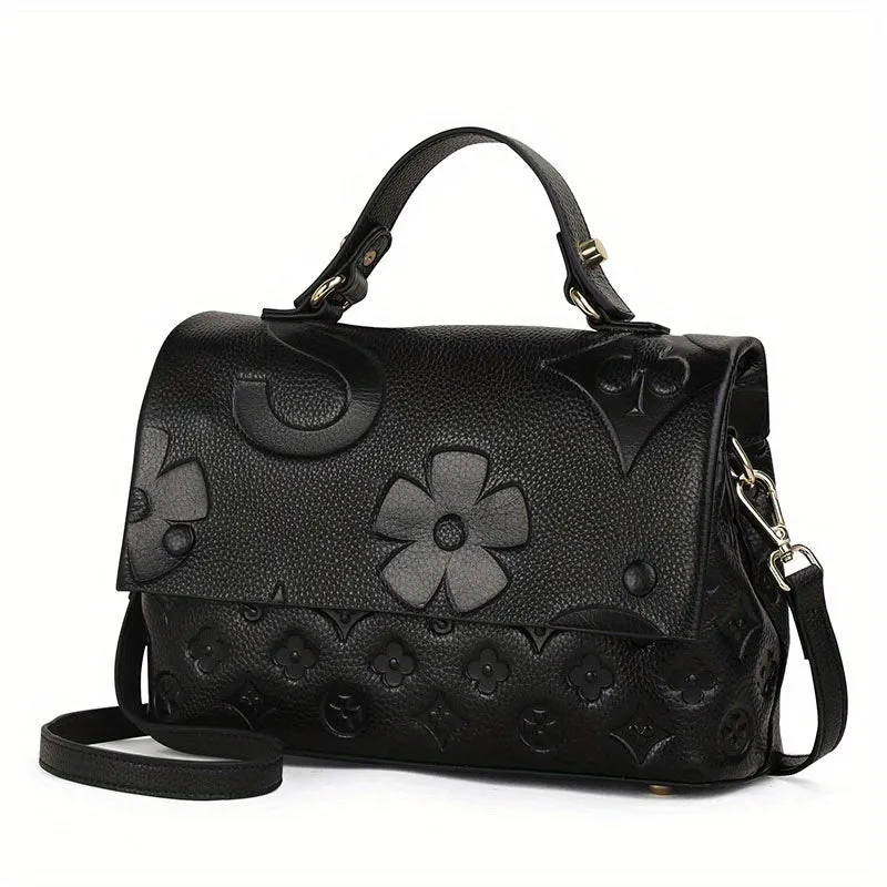 realaiot  Classic Style Embossed Handbag, Luxury Genuine Leather Tote Bag & Purses, Large Capacity Shoulder Bag For Women
